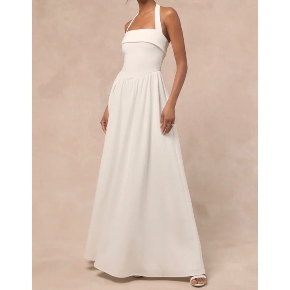 Lulus Telia White Halter Basque Waist Maxi Dress Size M Bridal Formal Wedding